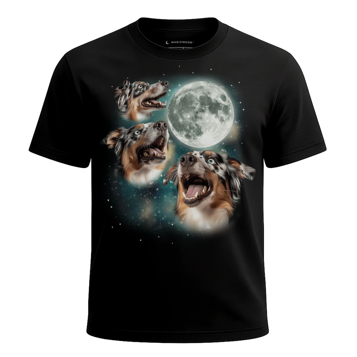 MagicMoon Three Australian Shepherd Blue Merle Moon - Funny Animal Shirt, White Elephant Gift, Novelty T-Shirt