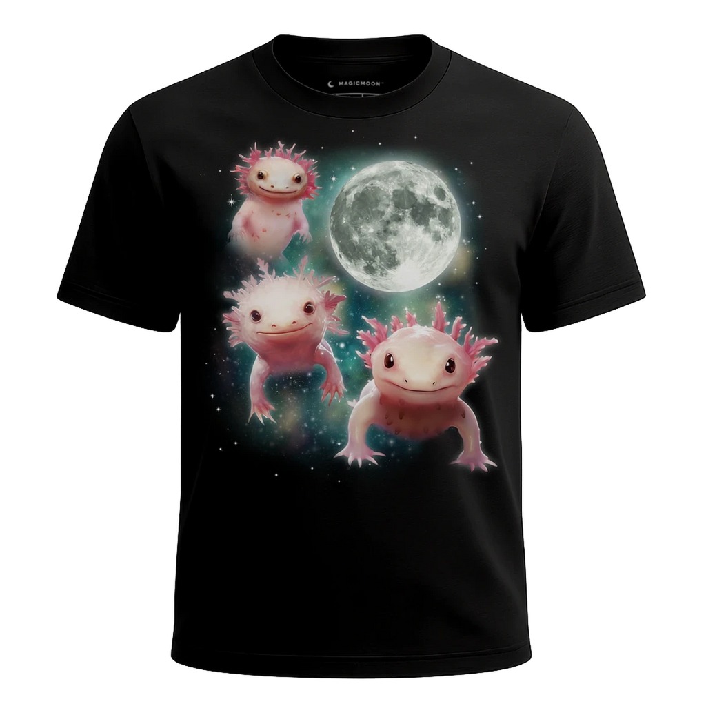 MagicMoon Three Axolotl Moon - Funny Animal Shirt, White Elephant Gift, Novelty T-Shirt