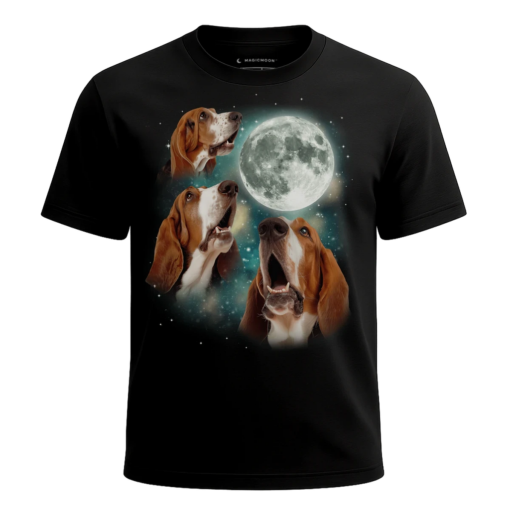 MagicMoon Three Basset Hound 2 Moon - Funny Animal Shirt, White Elephant Gift, Novelty T-Shirt