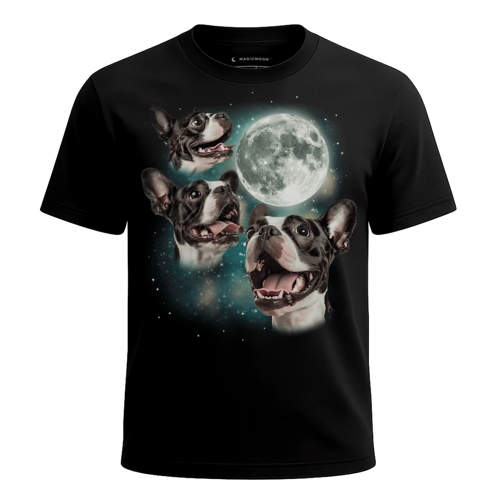 MagicMoon Three Boston Terrier Moon - Funny Animal Shirt, White Elephant Gift, Novelty T-Shirt