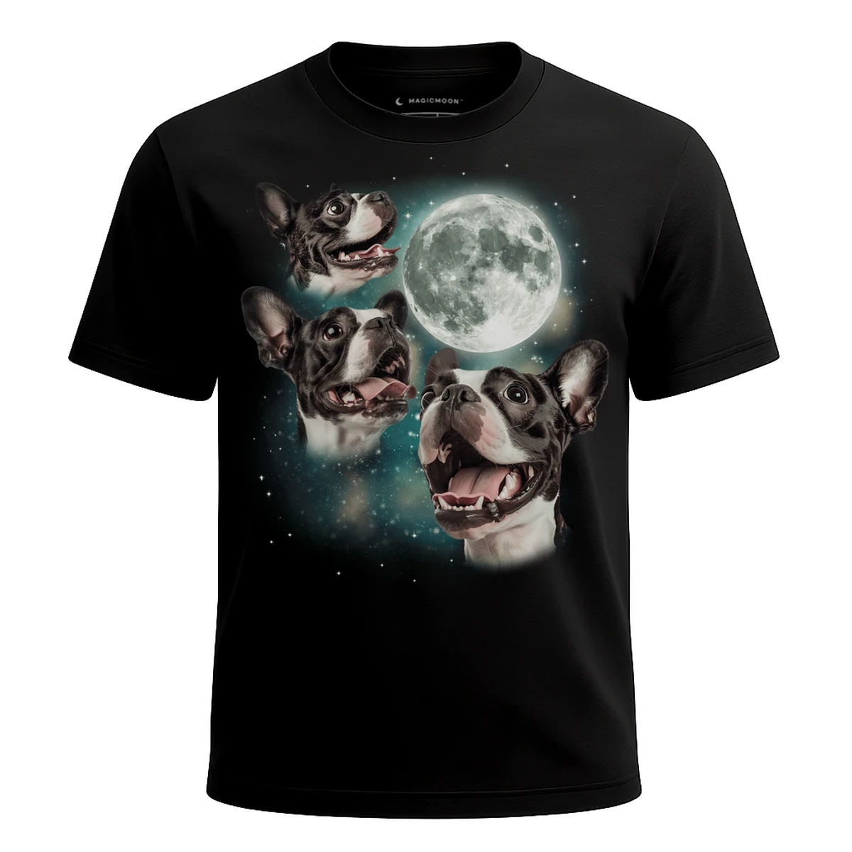 MagicMoon Three Boston Terrier Moon - Funny Animal Shirt, White Elephant Gift, Novelty T-Shirt
