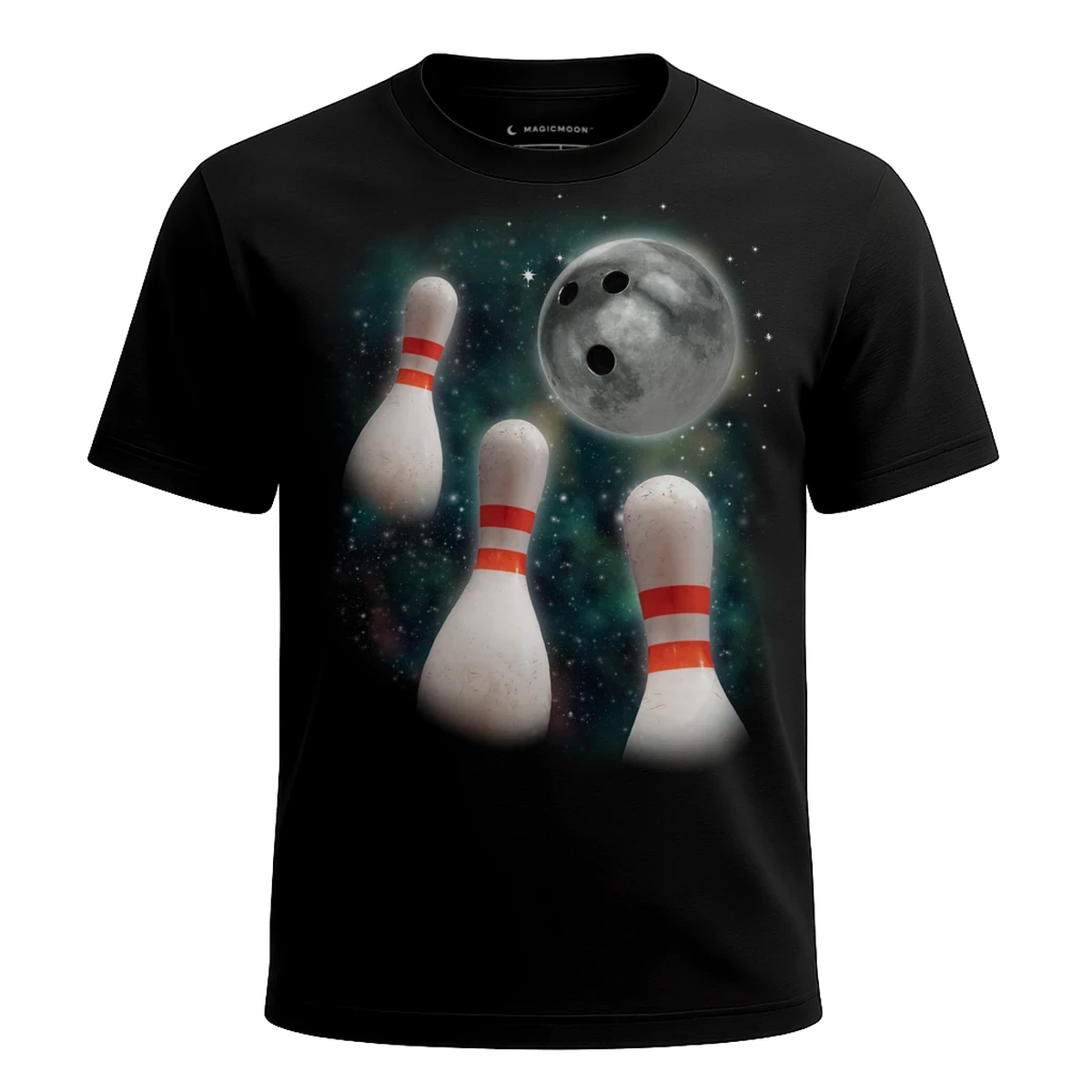 MagicMoon Three Bowling Pin Moon - Funny Novelty Shirt, White Elephant Gift, Novelty T-Shirt