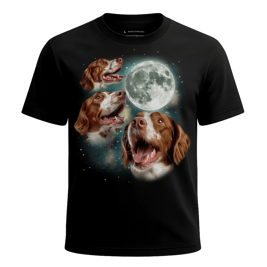 MagicMoon Three Brittany Spaniel Moon - Funny Animal Shirt, White Elephant Gift, Novelty T-Shirt