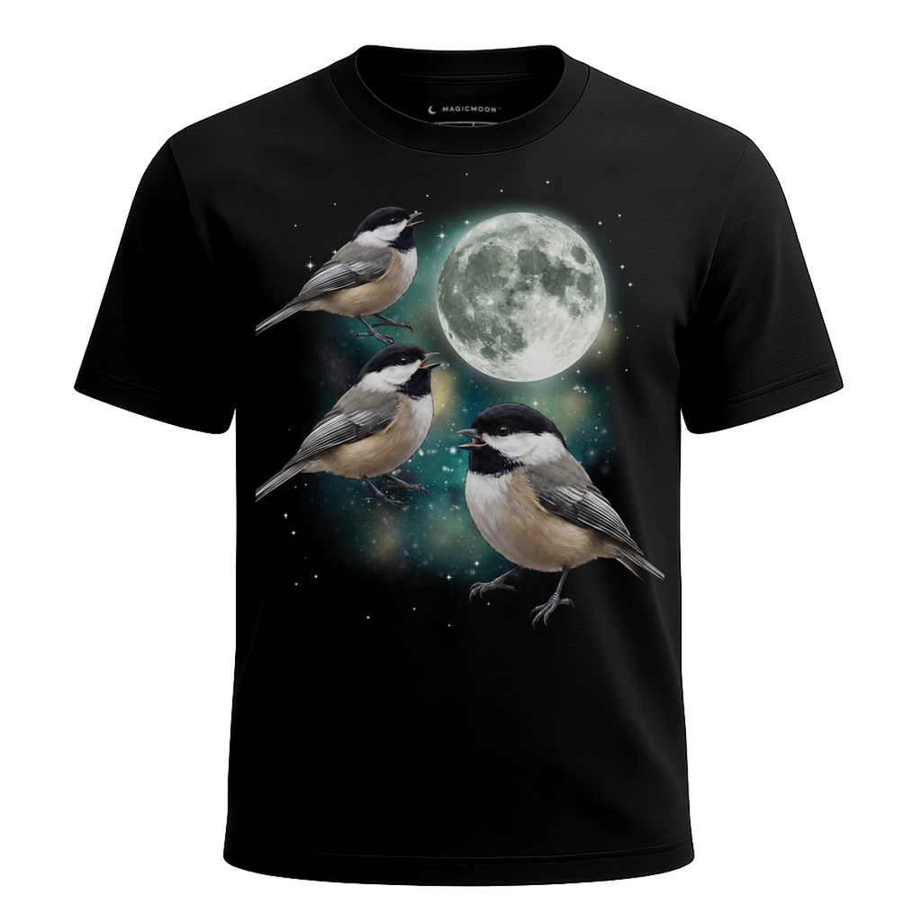 MagicMoon Three Chickadee Moon - Funny Animal Shirt, White Elephant Gift, Novelty T-Shirt