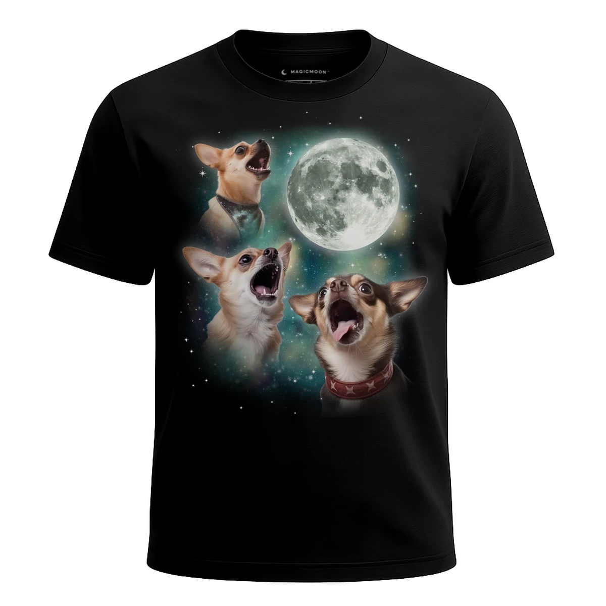 MagicMoon Three Chihuahua 2 Moon - Funny Animal Shirt, White Elephant Gift, Novelty T-Shirt