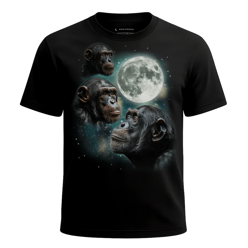 MagicMoon Three Chimpanzee Moon - Funny Animal Shirt, White Elephant Gift, Novelty T-Shirt