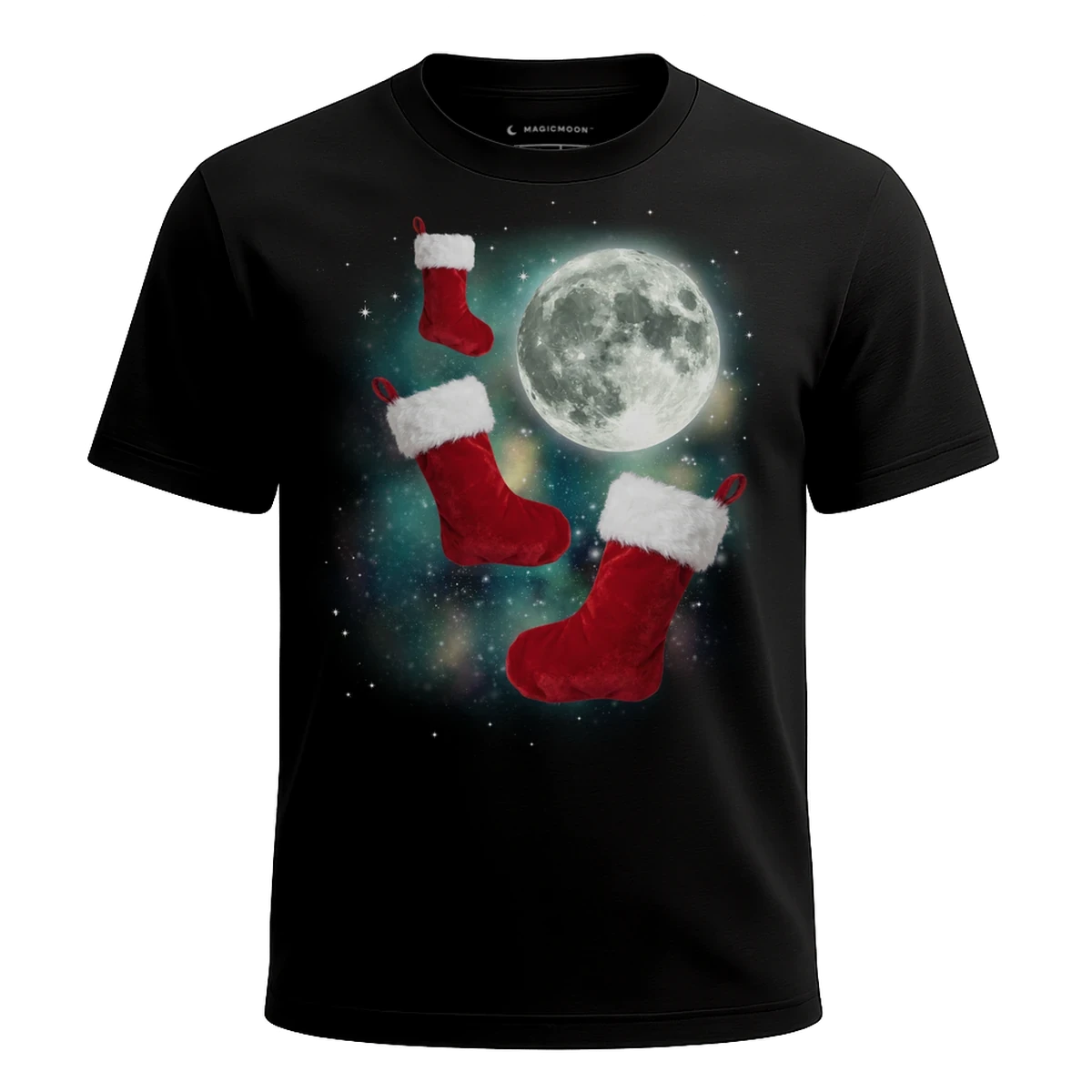 MagicMoon Three Christmas Stocking Moon - Christmas Gift Shirt, White Elephant Gift, Novelty T-Shirt