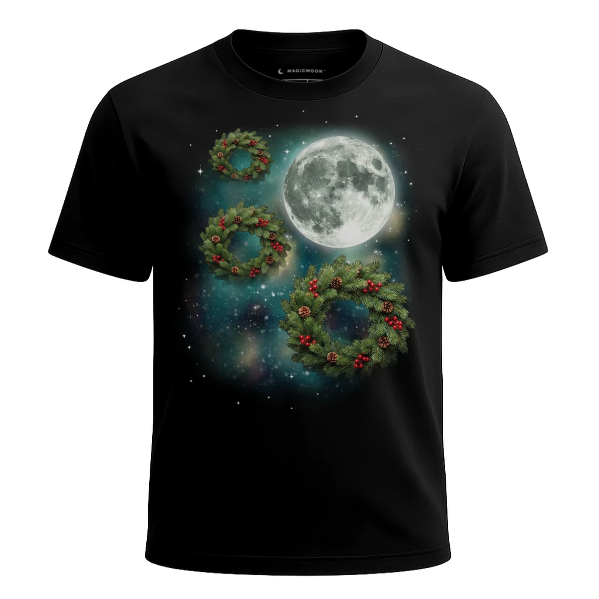 MagicMoon Three Christmas Wreath Moon - Christmas Gift Shirt, White Elephant Gift, Novelty T-Shirt