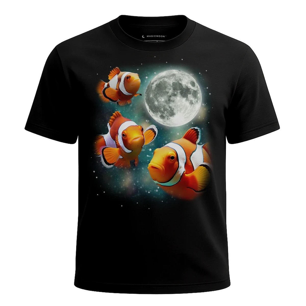 MagicMoon Three Clownfish Moon - Funny Animal Shirt, White Elephant Gift, Novelty T-Shirt