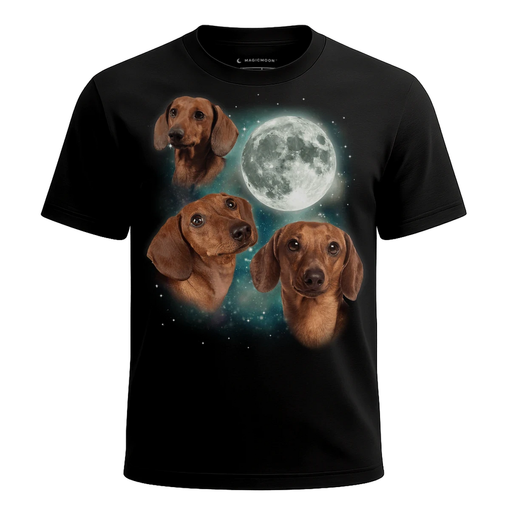 MagicMoon Three Dachshund 2 Moon - Funny Animal Shirt, White Elephant Gift, Novelty T-Shirt