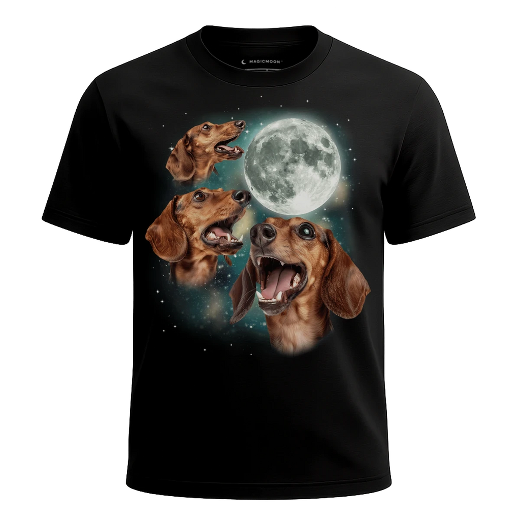 MagicMoon Three Dachshund Moon - Funny Animal Shirt, White Elephant Gift, Novelty T-Shirt