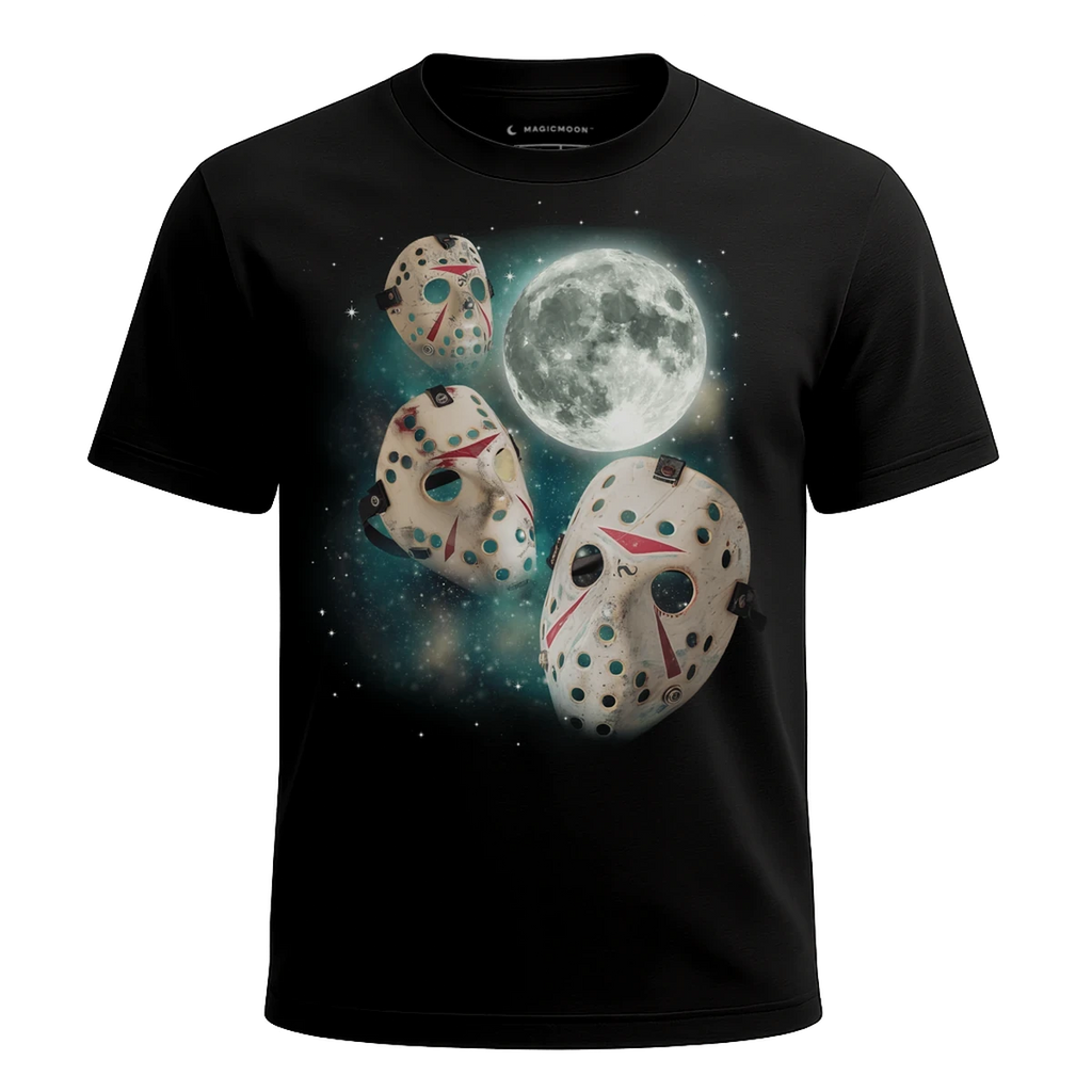 MagicMoon Three Hockey Mask Moon - Halloween Costume Shirt, White Elephant Gift, Novelty T-Shirt