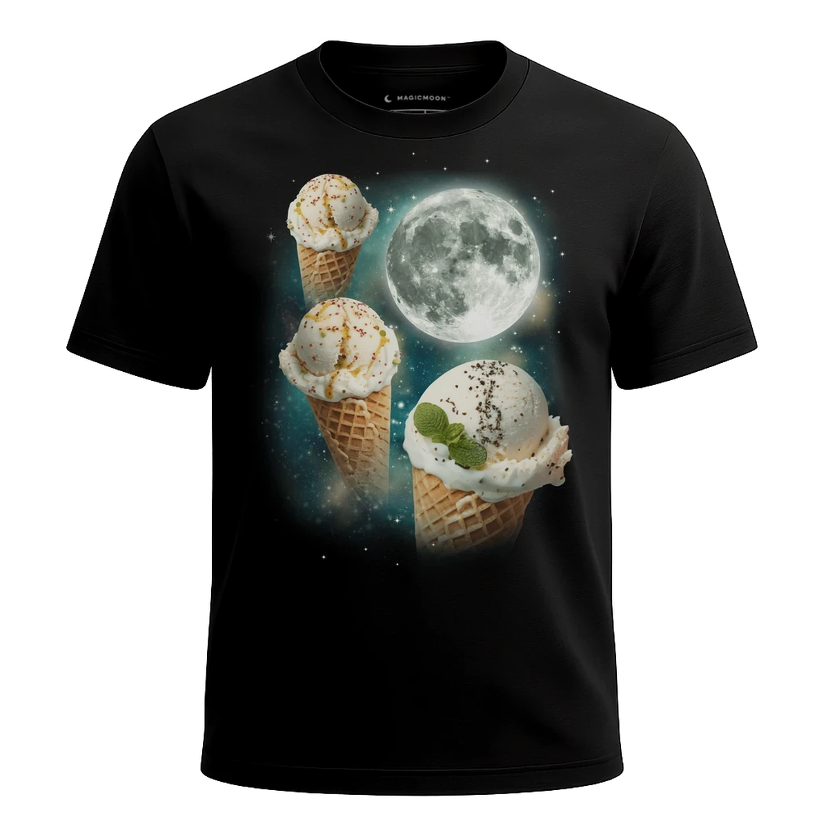 MagicMoon Three Ice Cream Cones Moon - Funny Food Shirt, White Elephant Gift, Novelty T-Shirt