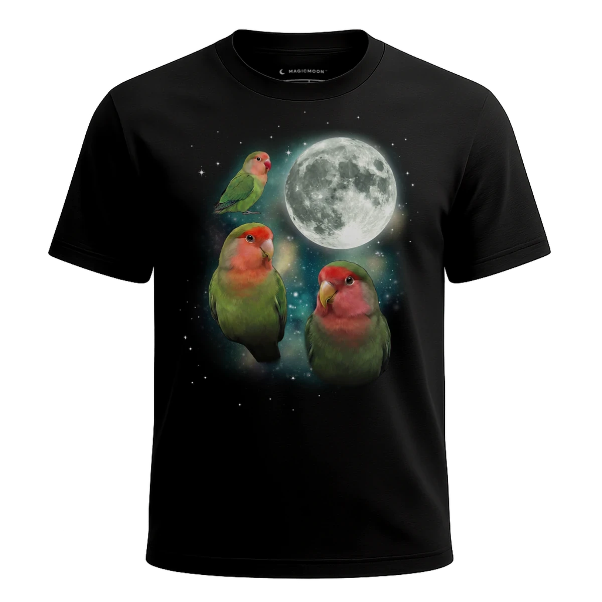 MagicMoon Three Lovebird Moon - Funny Animal Shirt, White Elephant Gift, Novelty T-Shirt