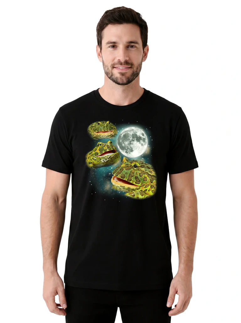 MagicMoon Three Pacman Frog Moon on model front view, Funny Animal Shirt, White Elephant Gift