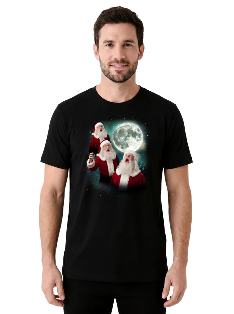 MagicMoon Three Santa Claus Moon on model front view, Christmas Gift Shirt, White Elephant Gift