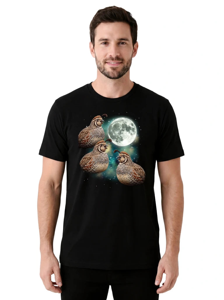 MagicMoon Three Quail Moon on model front view, Funny Animal Shirt, White Elephant Gift