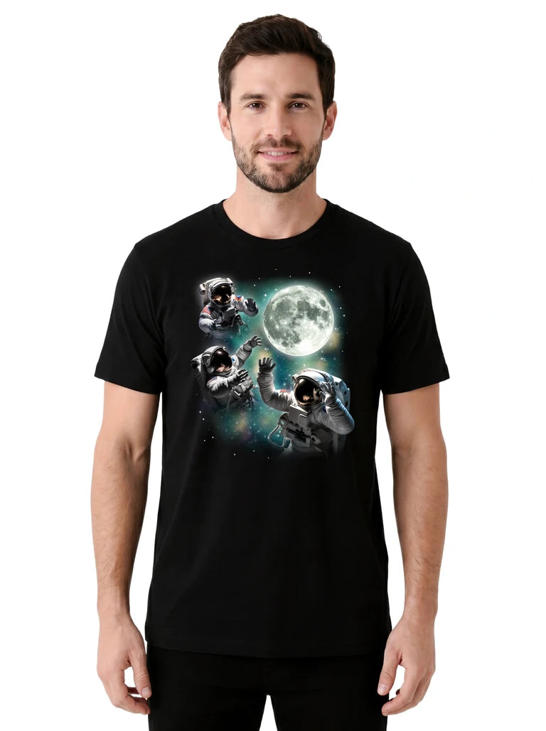 MagicMoon Three Astronaut Moon on model front view, Funny Novelty Shirt, White Elephant Gift