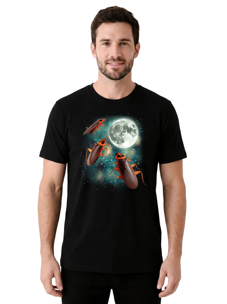 MagicMoon Three Cockroach Moon on model front view, Funny Animal Shirt, White Elephant Gift