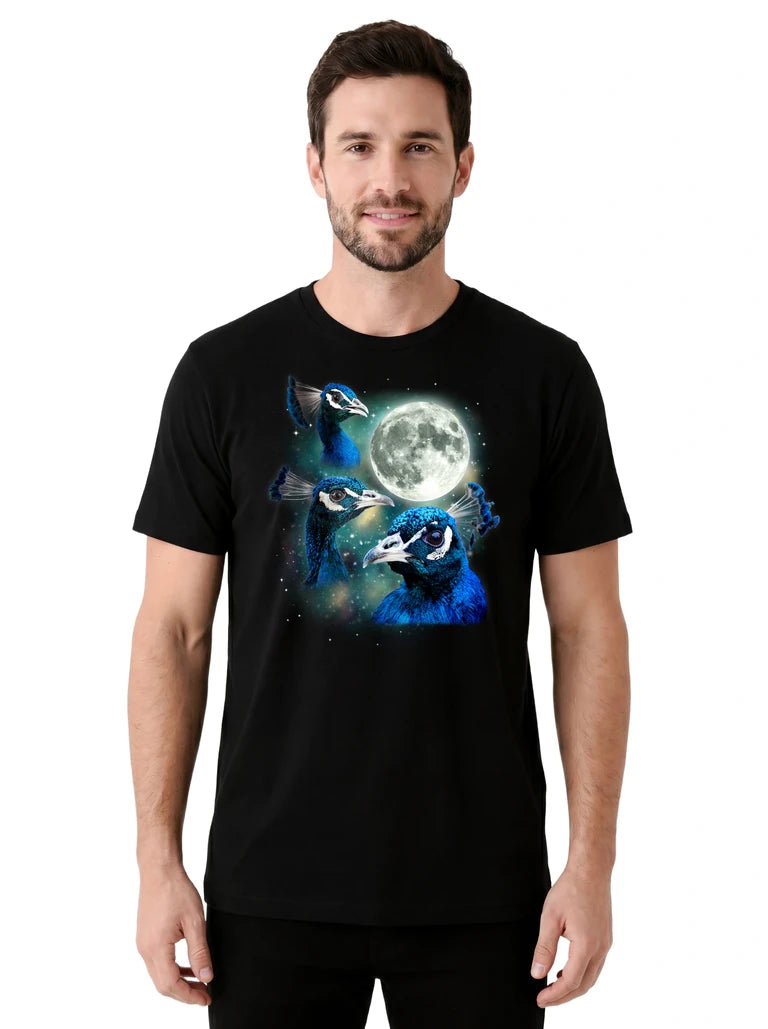 MagicMoon Three Peacock Moon on model front view, Funny Animal Shirt, White Elephant Gift