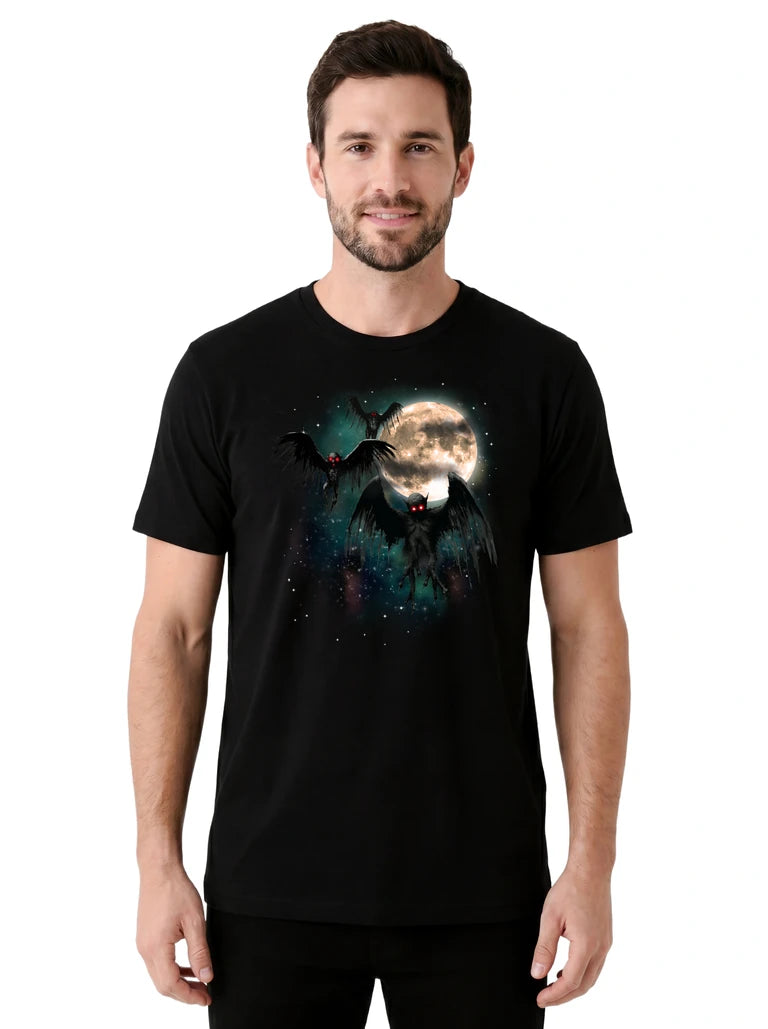MagicMoon Three Mothman Moon on model front view, Funny Novelty Shirt, White Elephant Gift