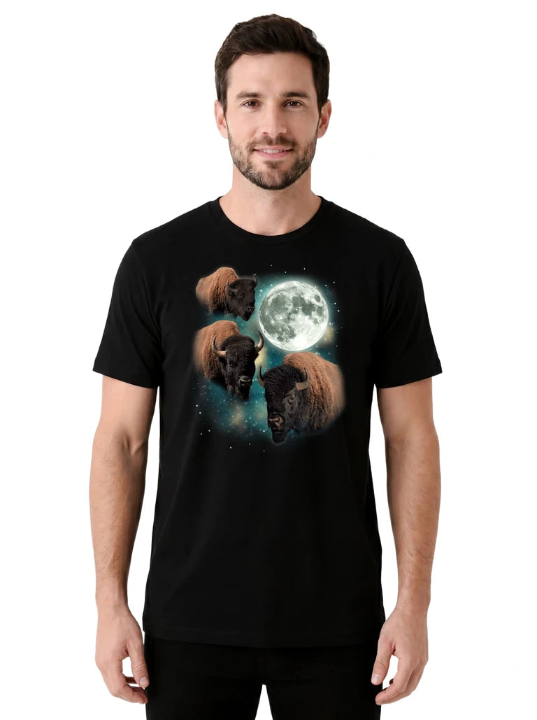 MagicMoon Three Bison Moon on model front view, Funny Animal Shirt, White Elephant Gift