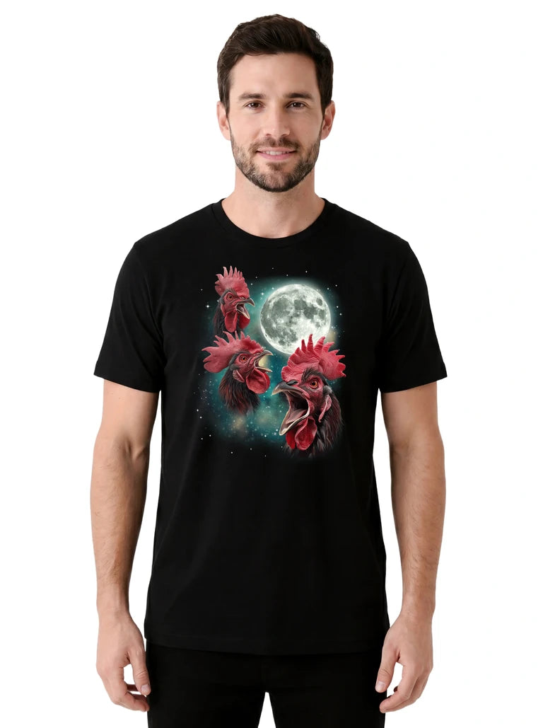 MagicMoon Three Rooster Moon on model front view, Funny Animal Shirt, White Elephant Gift