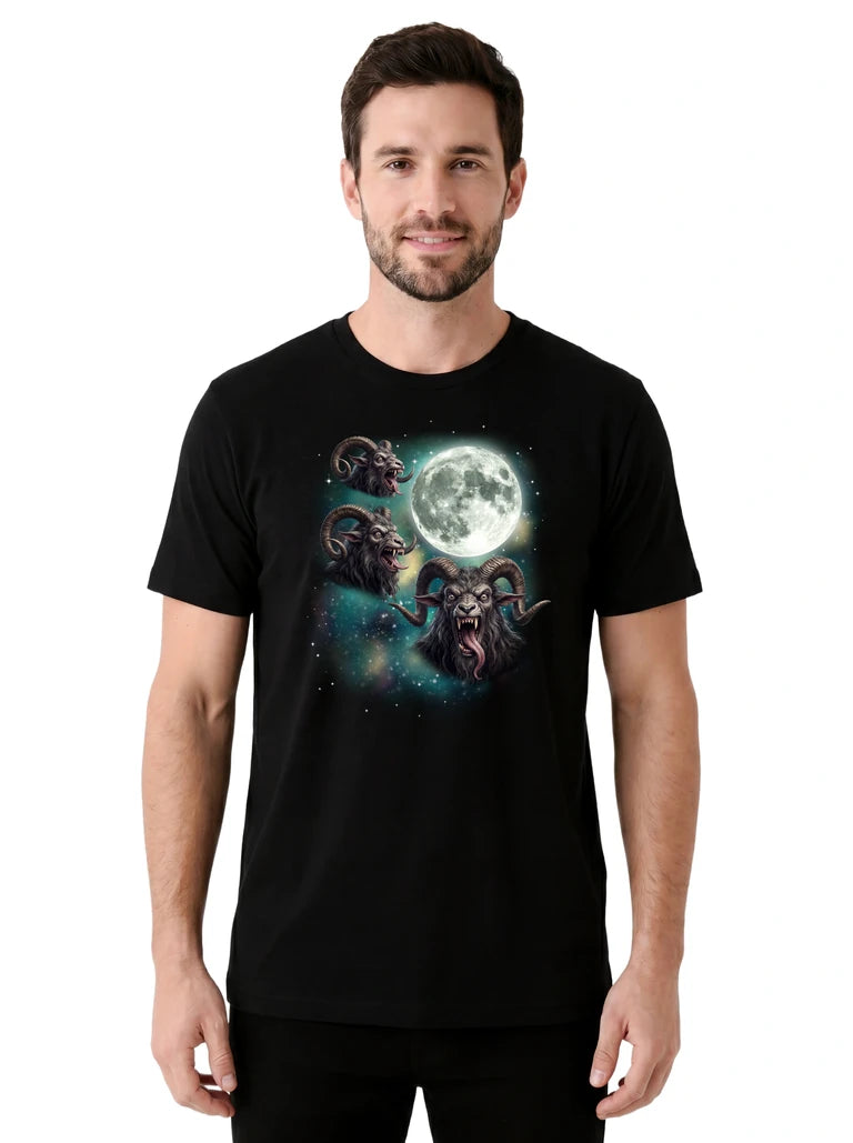 MagicMoon Three Krampus Moon on model front view, Halloween Costume Shirt, White Elephant Gift