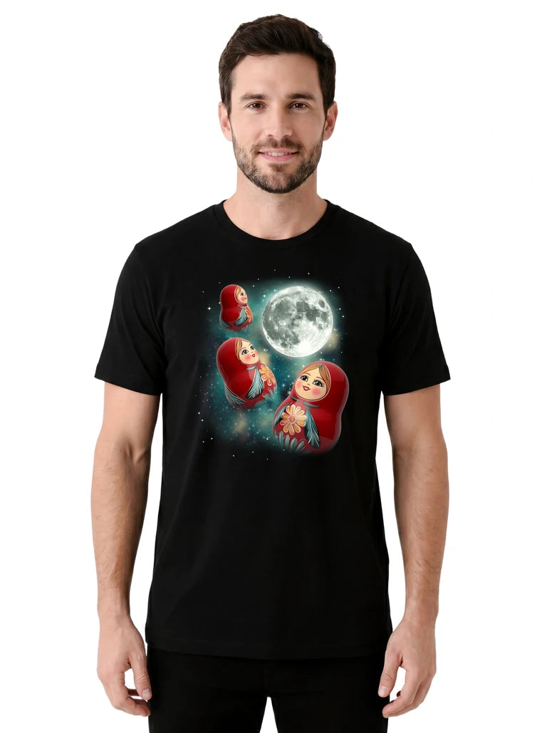 MagicMoon Three Matryoshka Doll Moon on model front view, Funny Novelty Shirt, White Elephant Gift