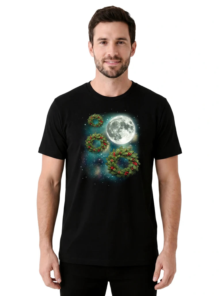 MagicMoon Three Christmas Wreath Moon on model front view, Christmas Gift Shirt, White Elephant Gift