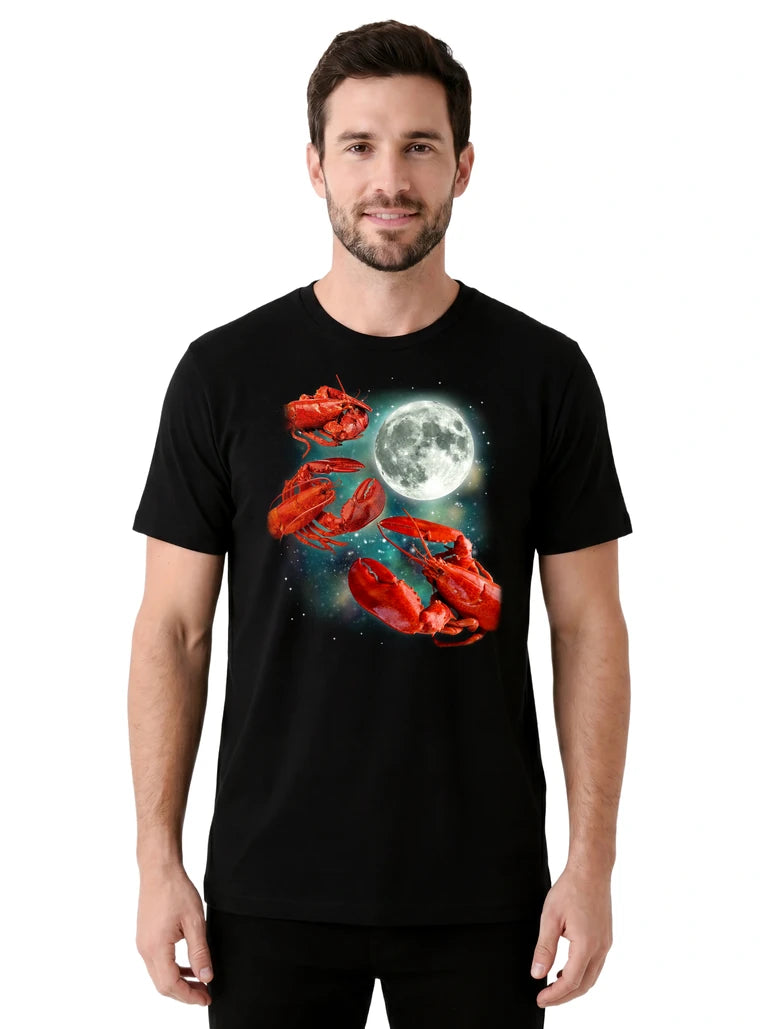 MagicMoon Three Lobster Moon on model front view, Funny Animal Shirt, White Elephant Gift