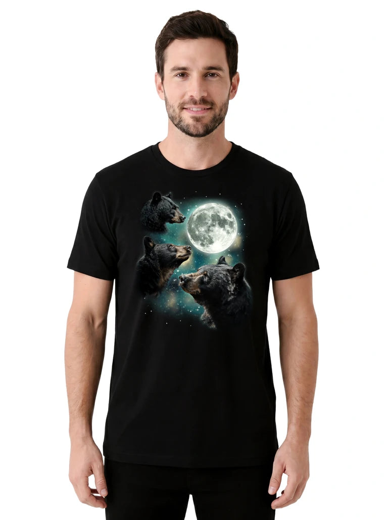 MagicMoon Three Black Bear Moon on model front view, Funny Animal Shirt, White Elephant Gift