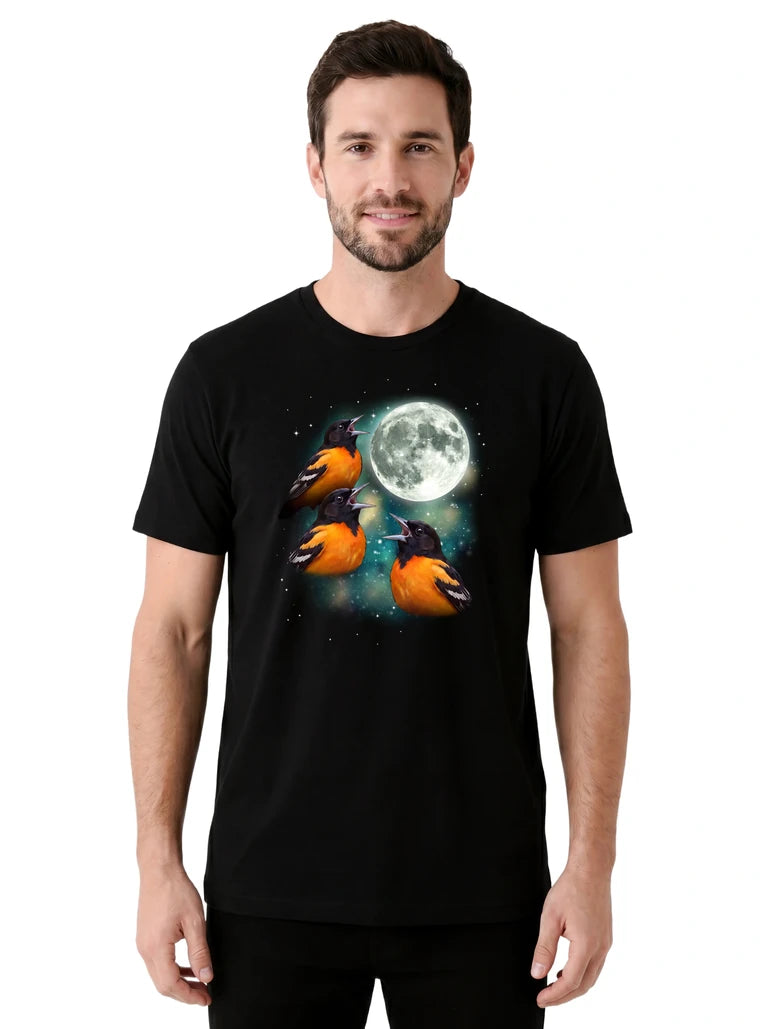 MagicMoon Three Oriole Moon on model front view, Funny Animal Shirt, White Elephant Gift