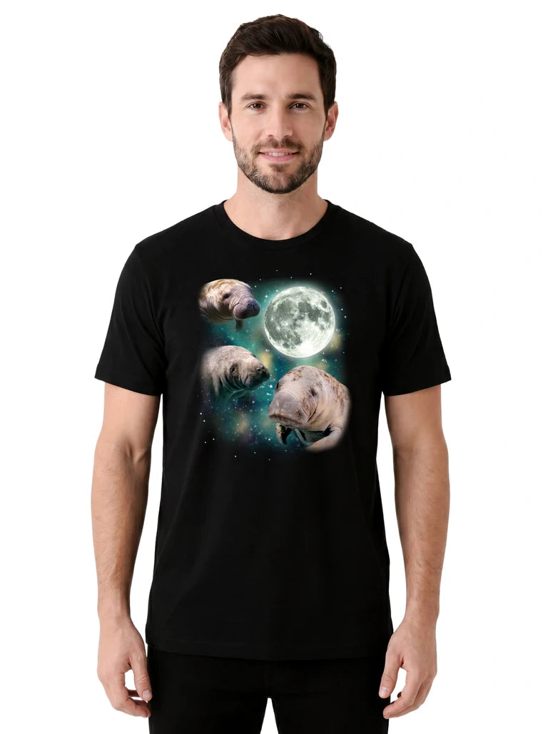 MagicMoon Three Manatee Moon on model front view, Funny Animal Shirt, White Elephant Gift