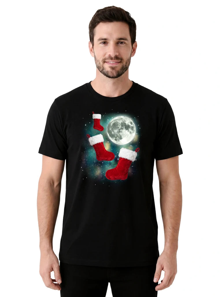 MagicMoon Three Christmas Stocking Moon on model front view, Christmas Gift Shirt, White Elephant Gift