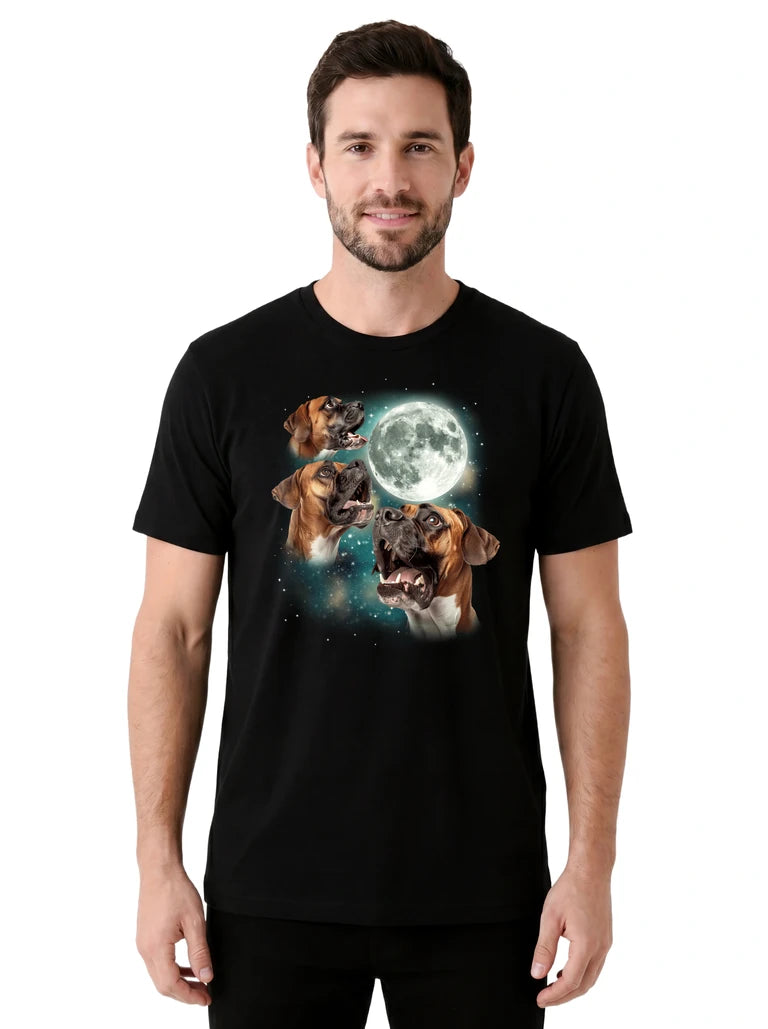 MagicMoon Three Boxer Moon on model front view, Funny Animal Shirt, White Elephant Gift