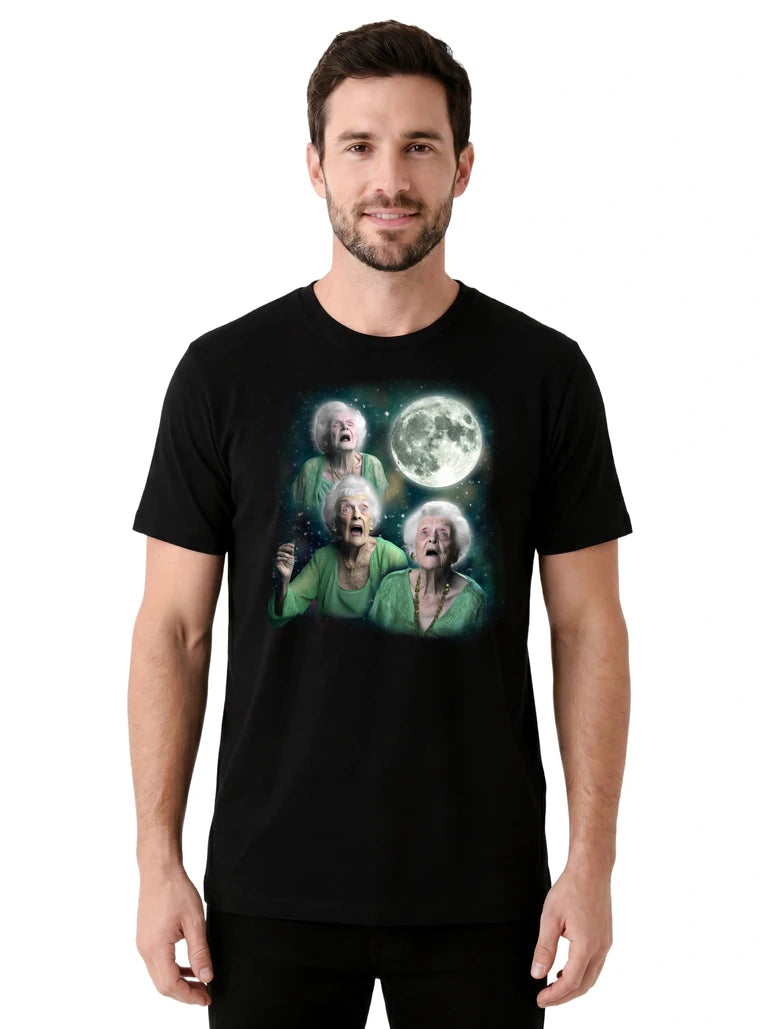 MagicMoon Three Granny Moon on model front view, Funny Animal Shirt, White Elephant Gift