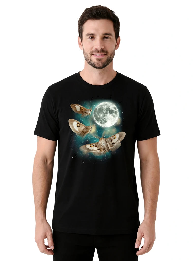 MagicMoon Three Moth Moon on model front view, Funny Animal Shirt, White Elephant Gift