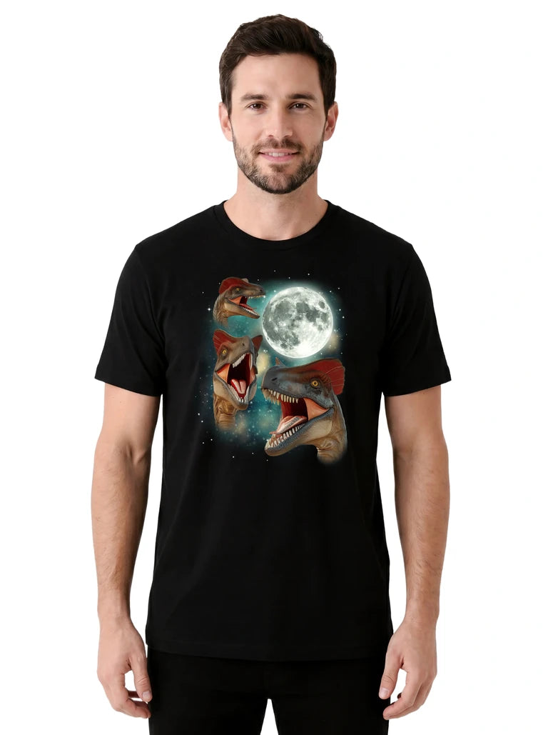 MagicMoon Three Dilophosaurus Moon on model front view, Funny Novelty Shirt, White Elephant Gift