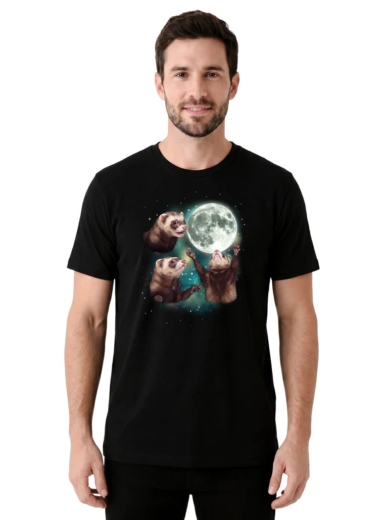 MagicMoon Three Ferret Moon on model front view, Funny Animal Shirt, White Elephant Gift