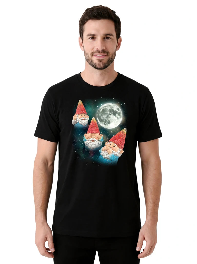 MagicMoon Three Gnome Moon on model front view, Funny Novelty Shirt, White Elephant Gift
