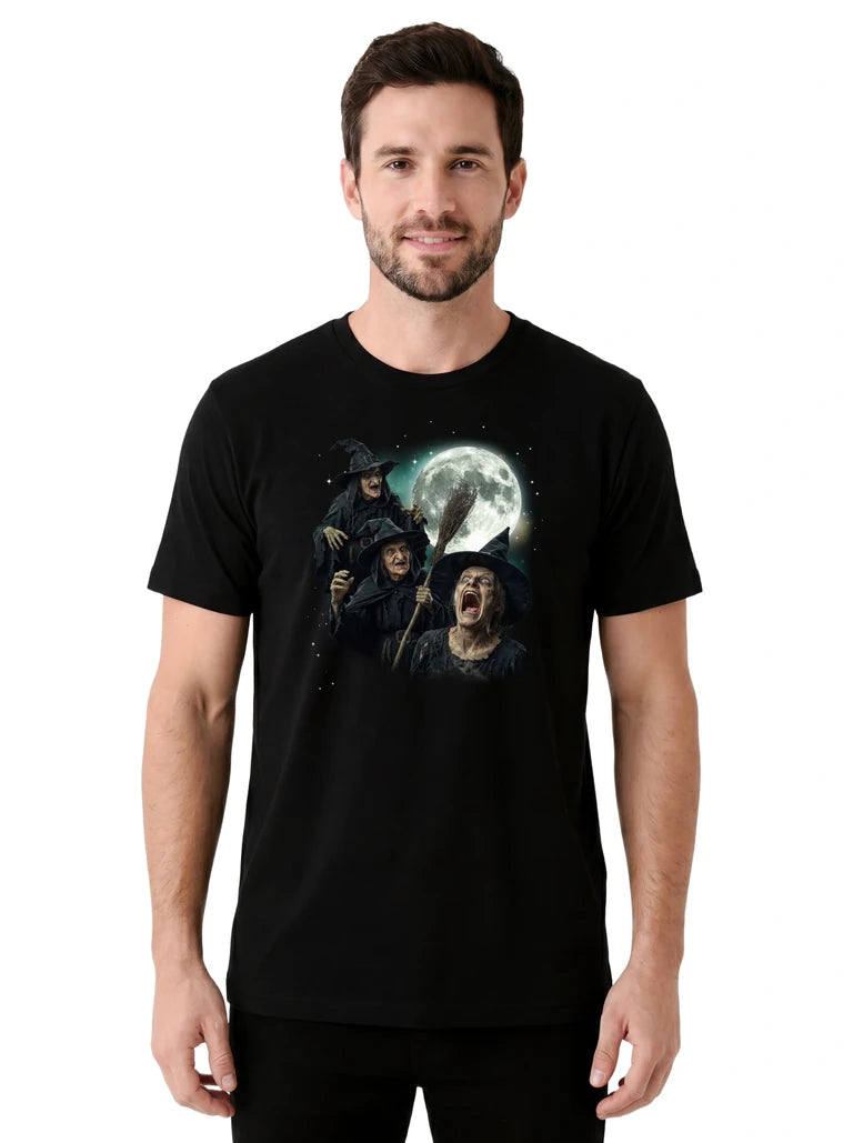 MagicMoon Three Witch Moon on model front view, Halloween Costume Shirt, White Elephant Gift
