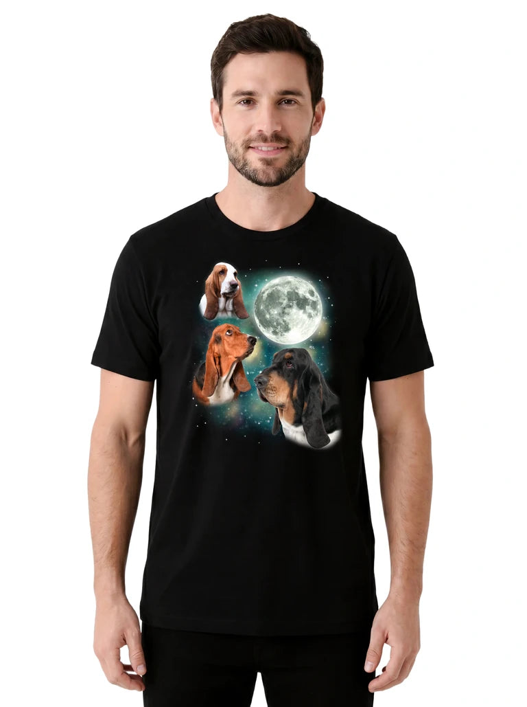 MagicMoon Three Hound Moon on model front view, Funny Animal Shirt, White Elephant Gift