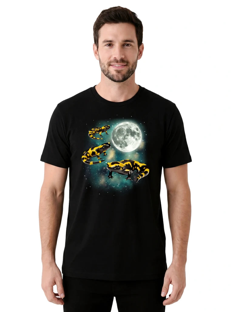 MagicMoon Three Salamander Moon on model front view, Funny Animal Shirt, White Elephant Gift