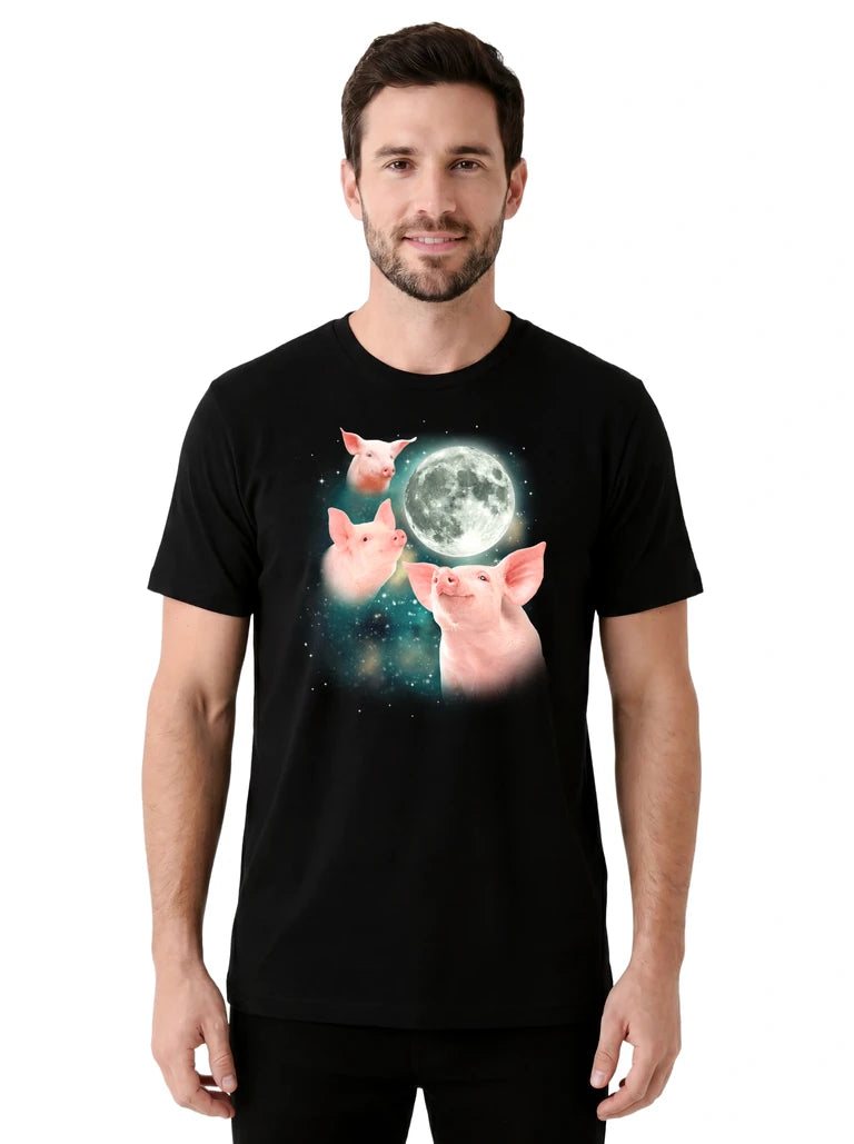 MagicMoon Three Pig Moon on model front view, Funny Animal Shirt, White Elephant Gift