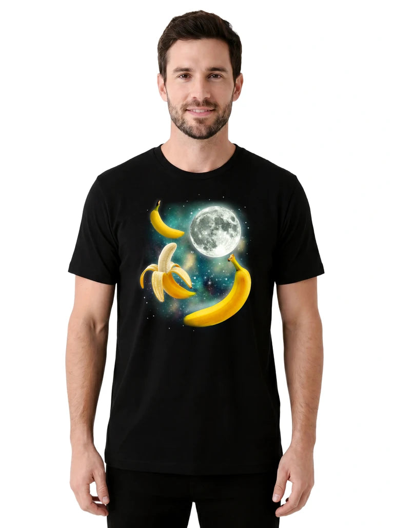MagicMoon Three Banana Moon on model front view, Funny Food Shirt, White Elephant Gift