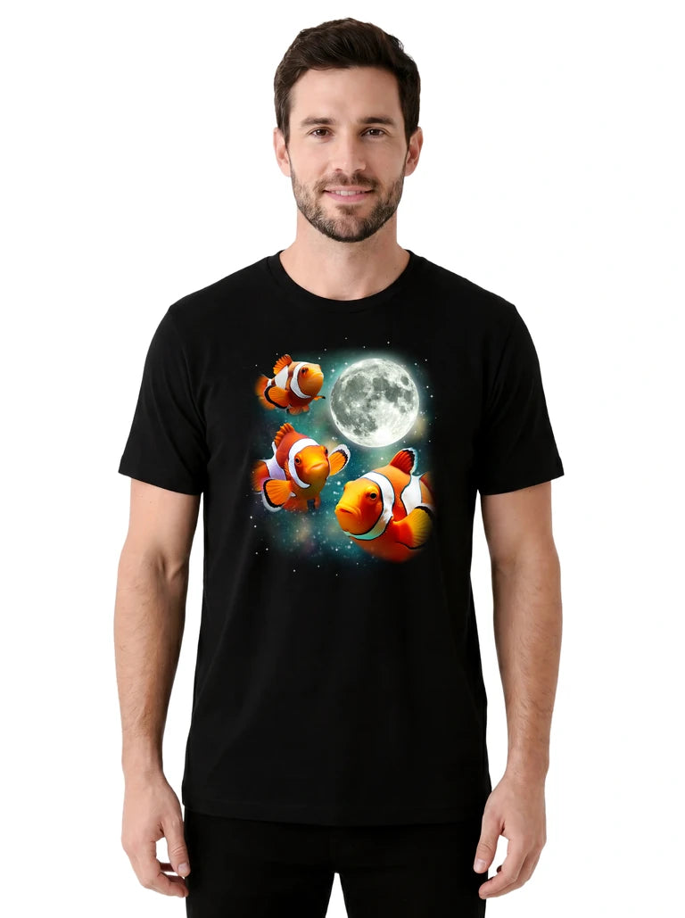 MagicMoon Three Clownfish Moon on model front view, Funny Animal Shirt, White Elephant Gift