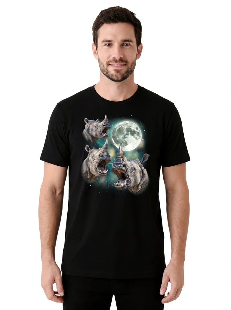 MagicMoon Three Rhino Moon on model front view, Funny Animal Shirt, White Elephant Gift