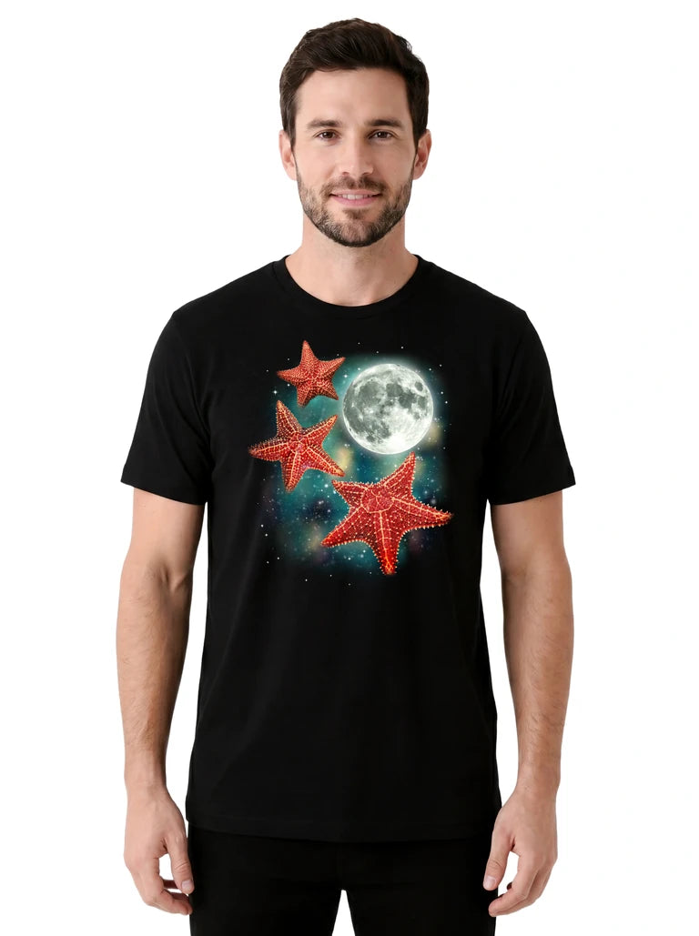 MagicMoon Three Starfish Moon on model front view, Funny Animal Shirt, White Elephant Gift