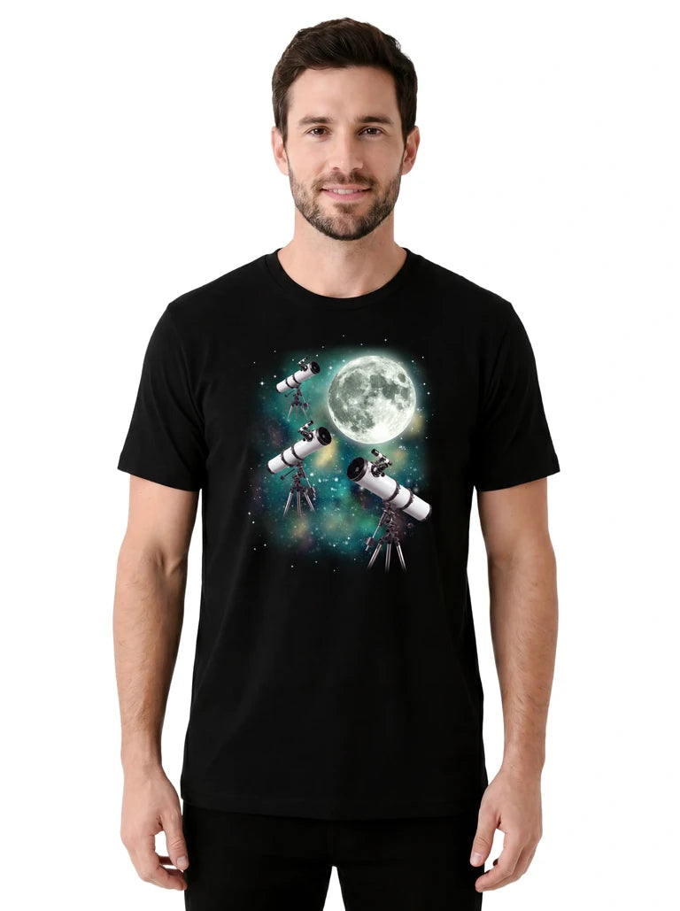 MagicMoon Three Telescope Moon on model front view, Funny Novelty Shirt, White Elephant Gift